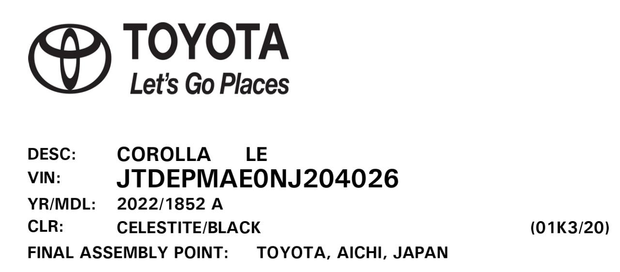 Toyota Corolla LE 2022