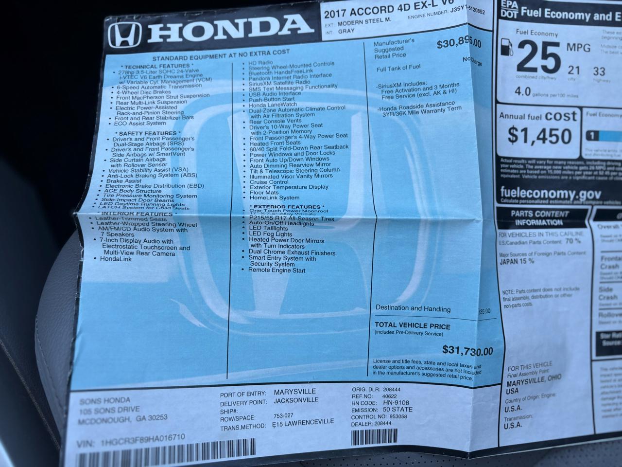 Honda Accord EX-L Sedan V6 6-Spd AT 2017