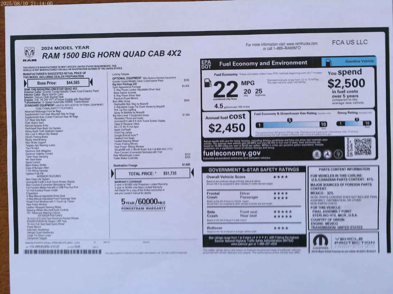 RAM 1500 Big Horn Quad Cab 2WD 2024