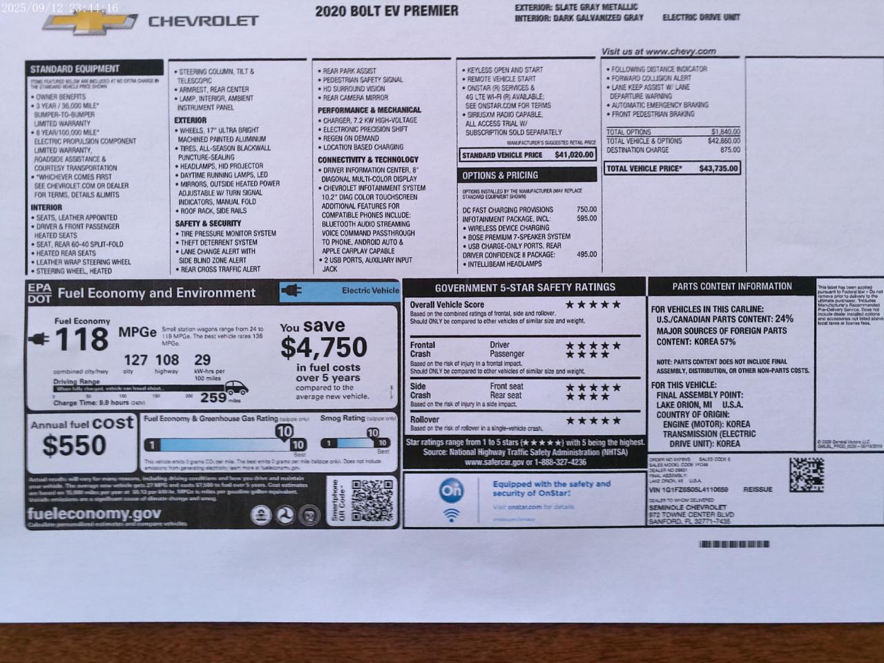 Chevrolet Bolt EV Premier 2020