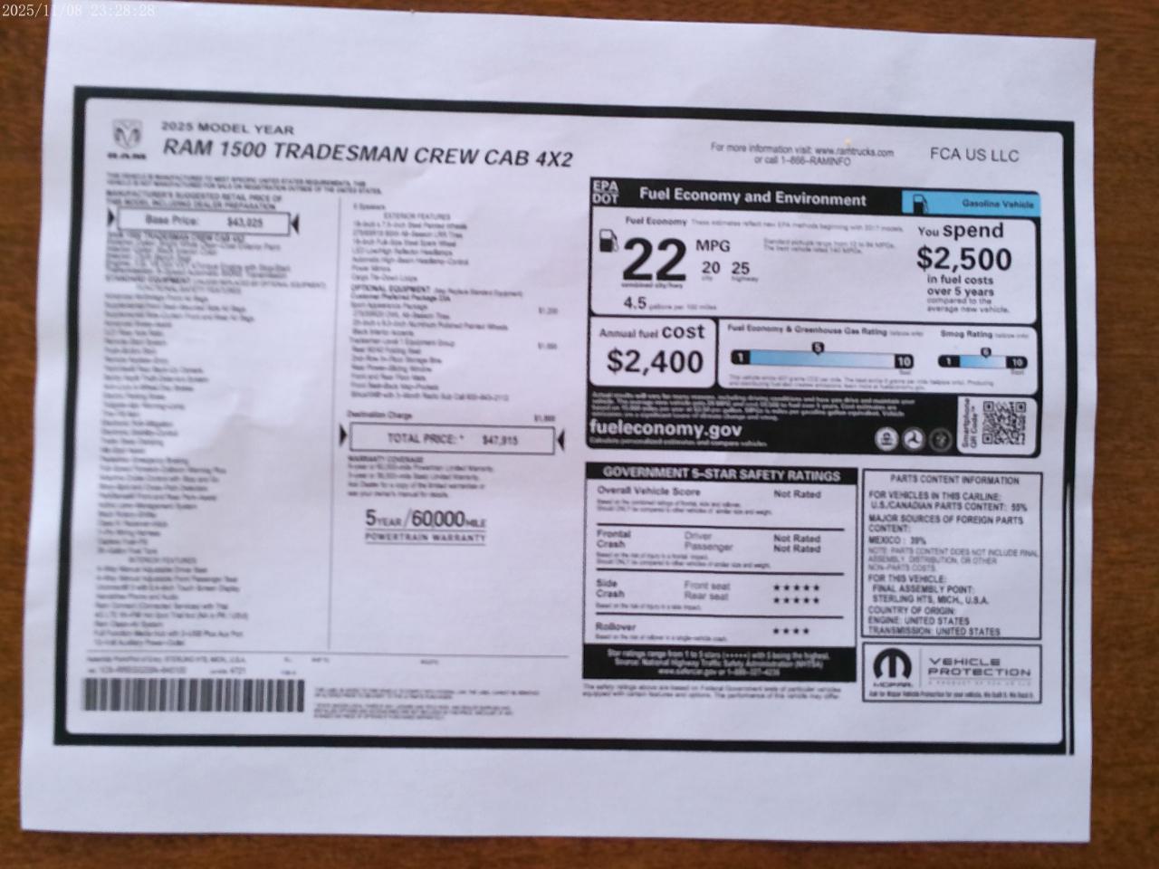 RAM 1500 Sport Crew Cab SWB 2WD 2025