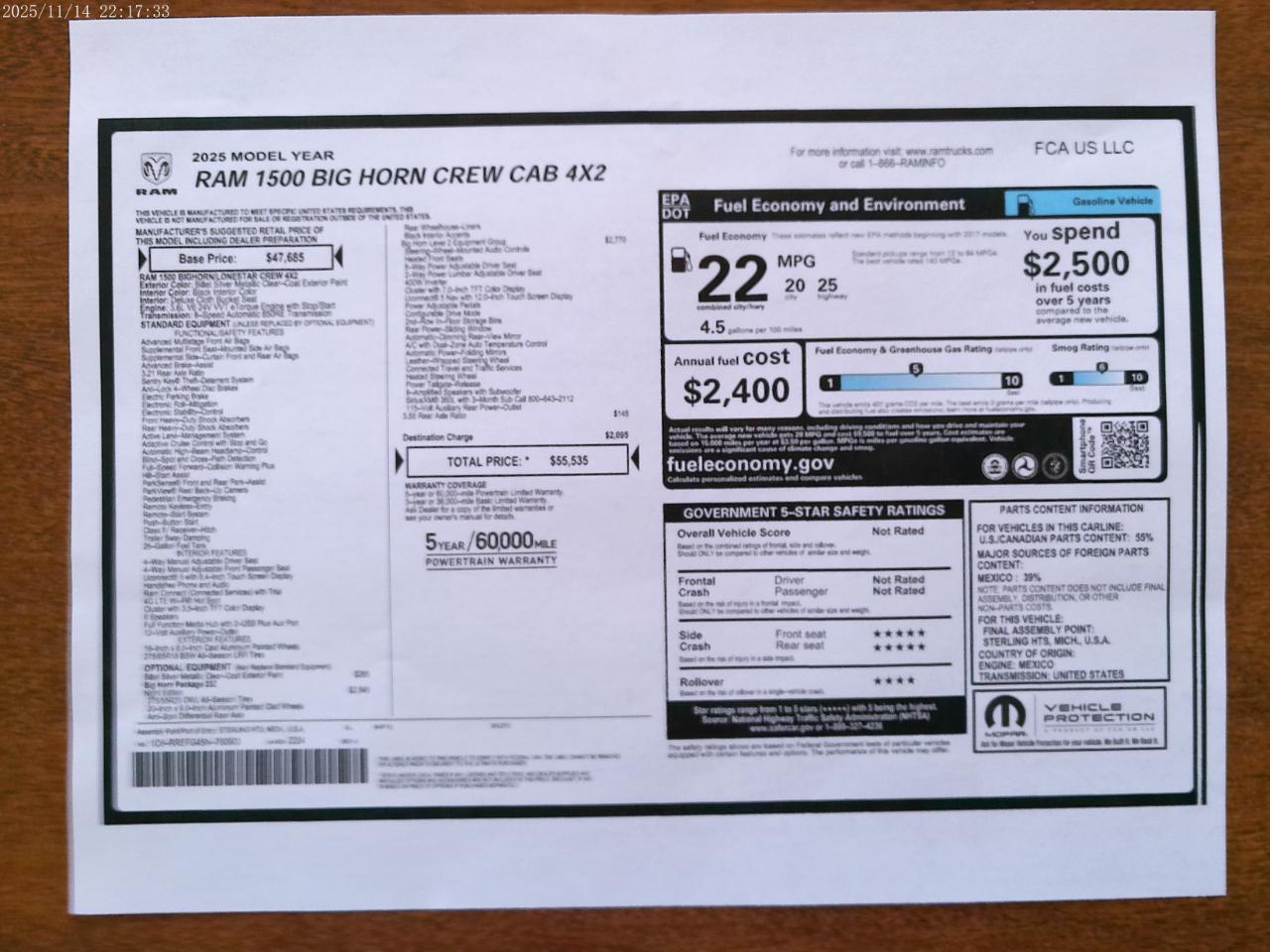 RAM 1500 Big Horn Crew Cab SWB 2WD 2025