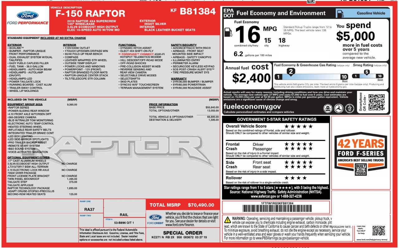 Ford F-150 Raptor 4WD SuperCrew 5.5' Box 2019