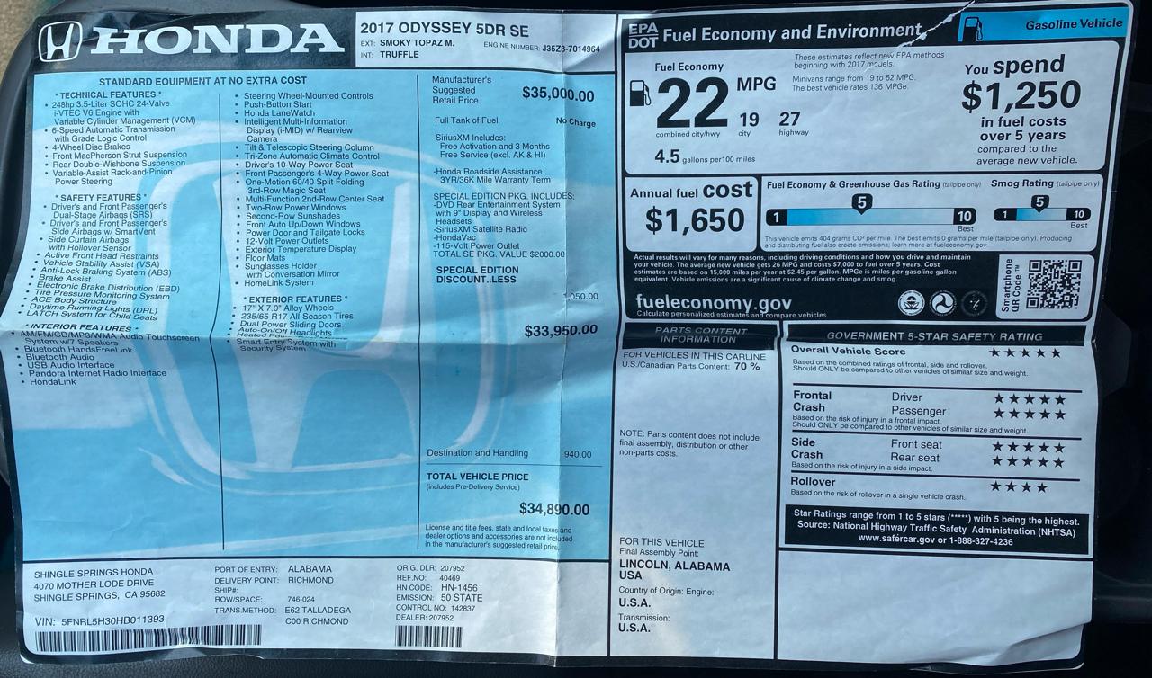 Honda Odyssey SE Auto 2017
