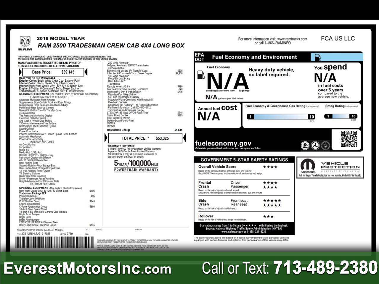 2018 RAM 2500 TRADESMAN ST 4X4 CREWCAB LONGBOX 6.7L DIESEL