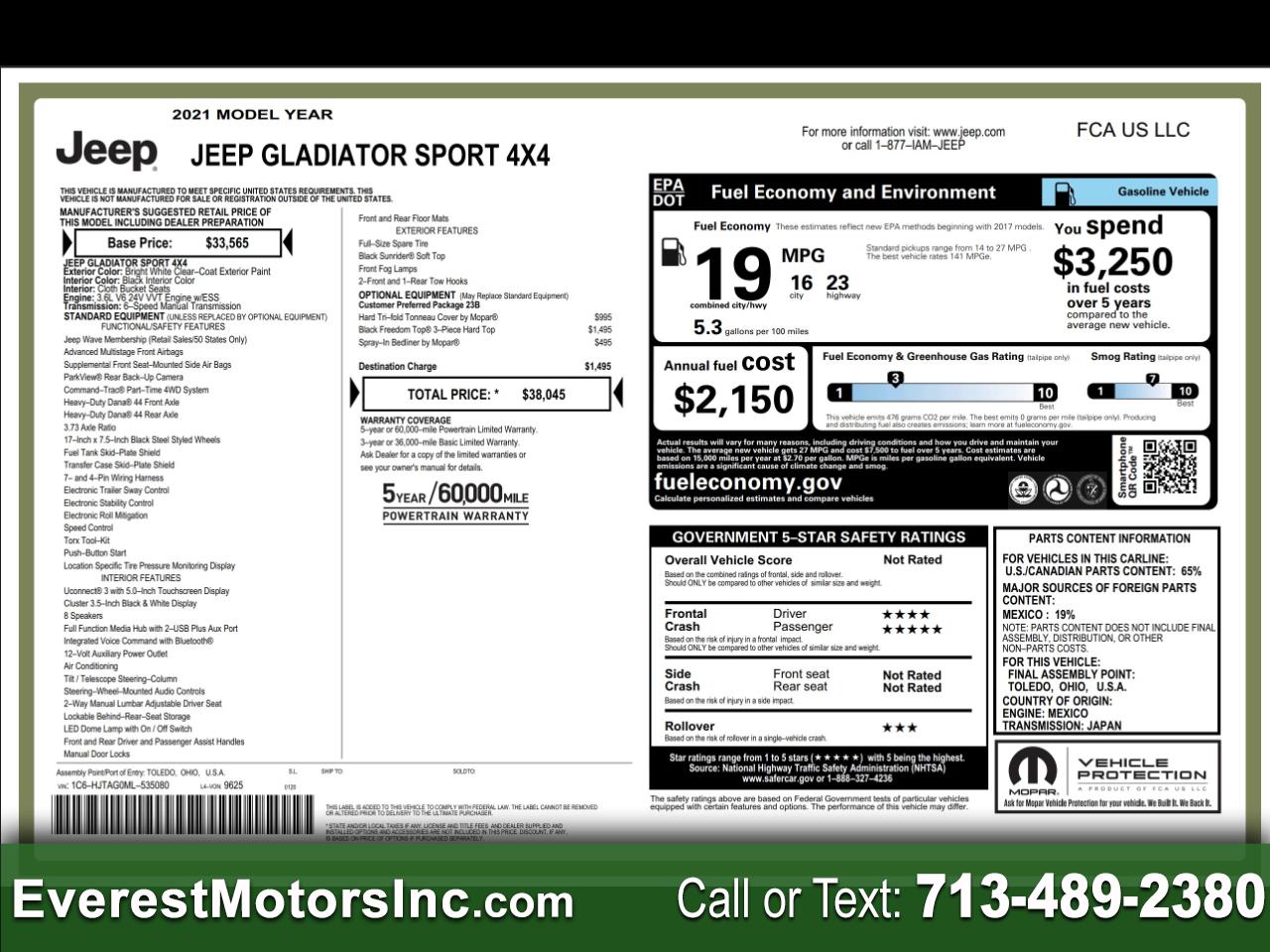 2021 Jeep Gladiator Sport 4X4 CREWCAB 3.6L V6 GAS MANUAL