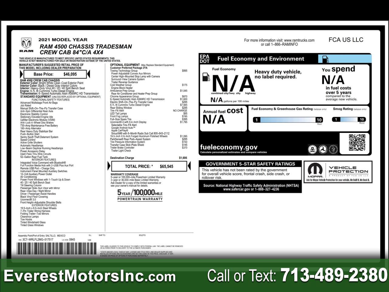 2021 RAM 4500 TRADESMAN 4X4 CC FLATBED 6.7L DIESEL AISIN 1OWNER