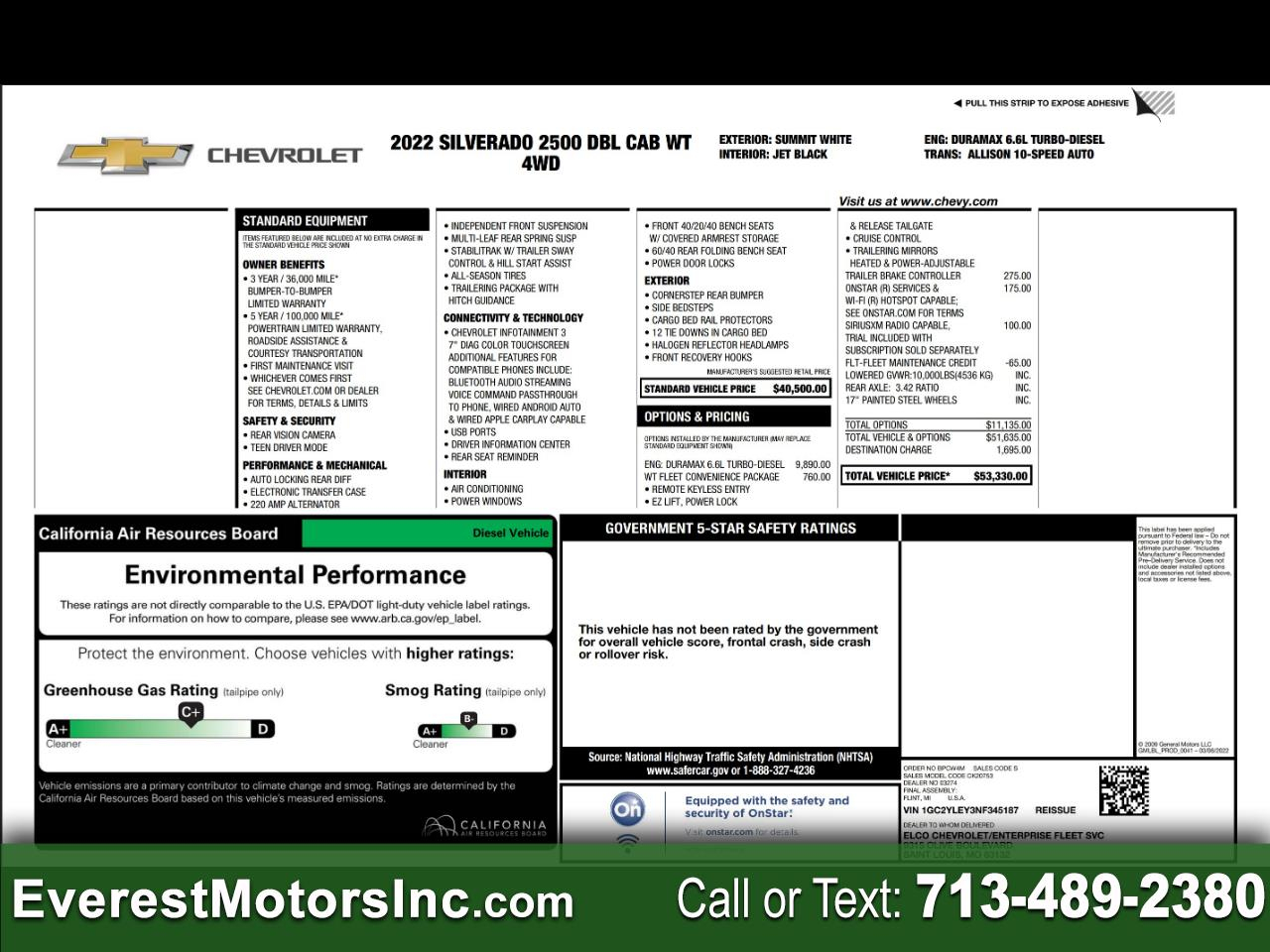 2022 Chevrolet Silverado 2500HD WT 4X4 DOUBLE CAB SHORT BED 6.6L V8 DIESEL 1OWNER