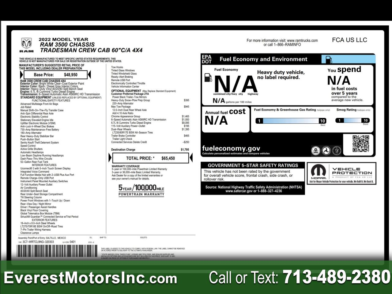 2022 RAM 3500 TRADESMAN 4X4 CC 6.7L DIESEL AISIN 1OWN MAXTOW PKG