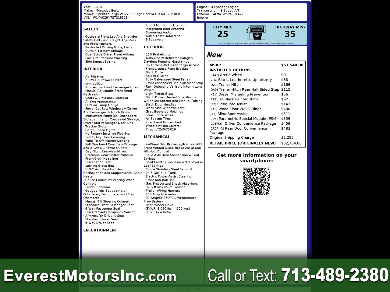 2025 Mercedes-Benz Sprinter Cargo Van 2500 HIGHROOF LONGWB RWD 2.0L DIESEL 1OWNER