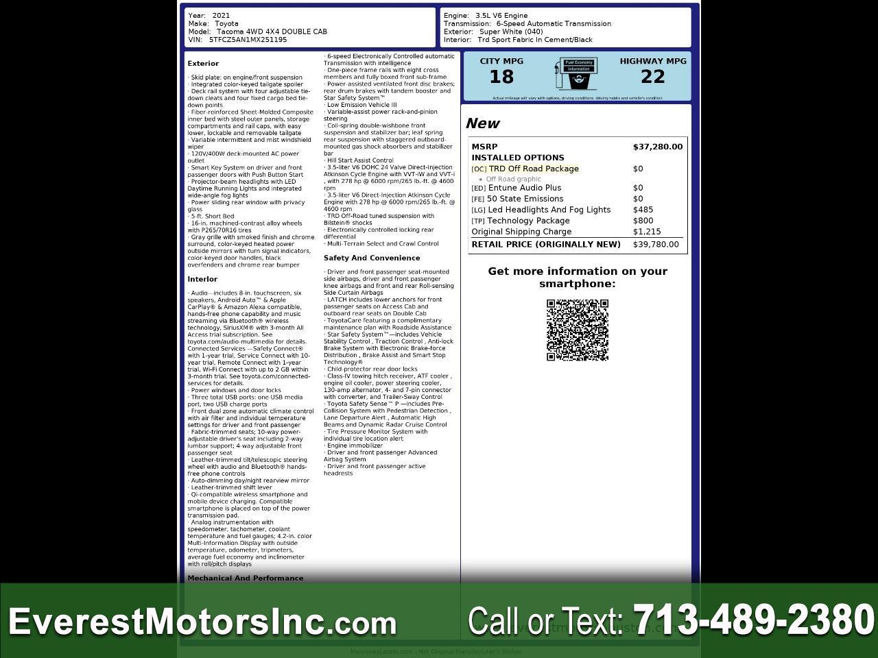 2021 Toyota Tacoma TRD 4X4 DOUBLE CAB 3.5L V6 GAS OFFROAD TECH PKG