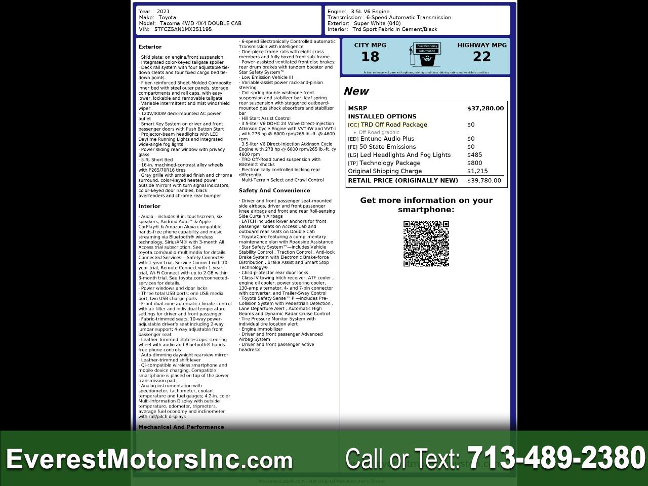 2021 Toyota Tacoma TRD 4X4 DOUBLE CAB 3.5L V6 GAS OFFROAD TECH PKG
