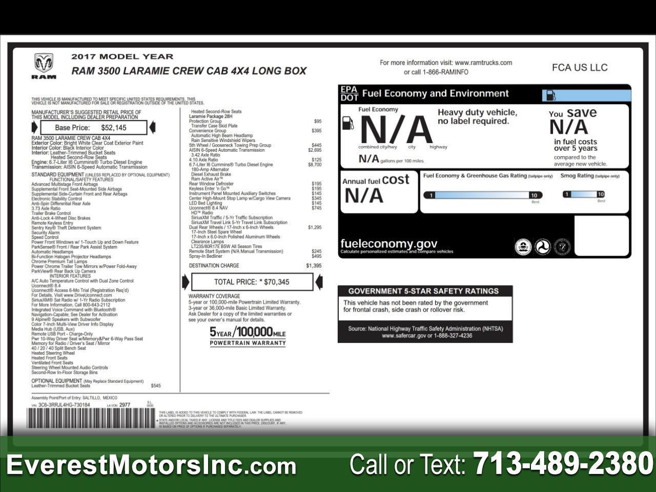 2017 RAM 3500 LARAMIE 4X4 CREWCAB LONG 6.7 DIESEL AISIN 4.10AXLE
