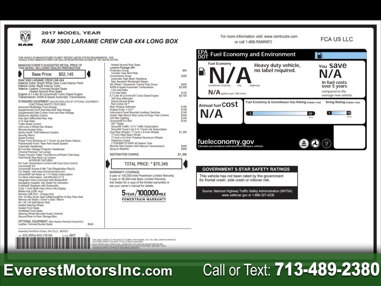 2017 RAM 3500 LARAMIE 4X4 CREWCAB LONG 6.7 DIESEL AISIN 4.10AXLE