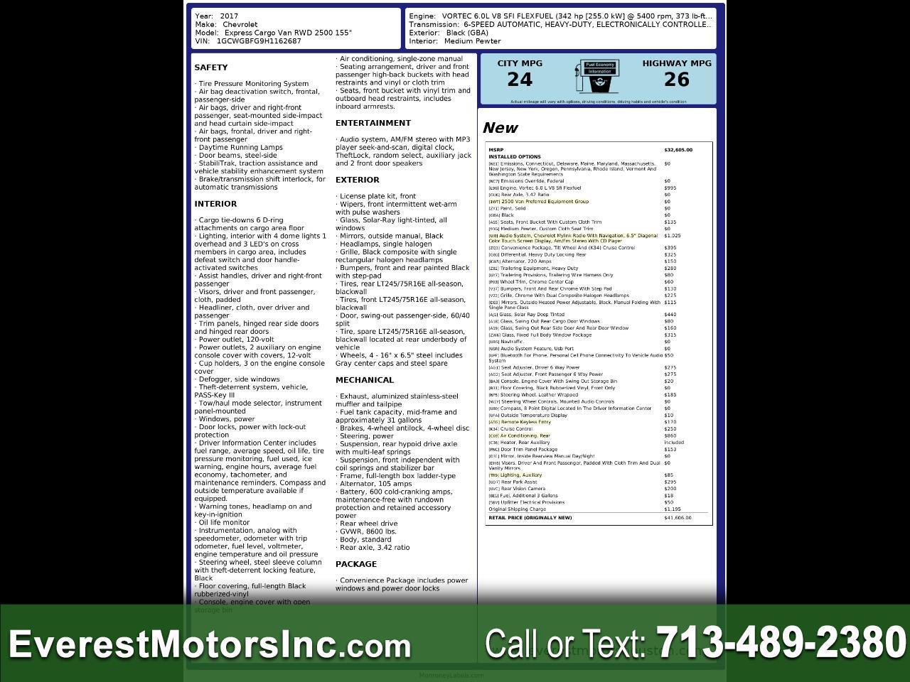 2017 Chevrolet Express Passenger 2500 EXPLORER CONVERSION EXT RWD 9PASS 6.0L V8 GAS