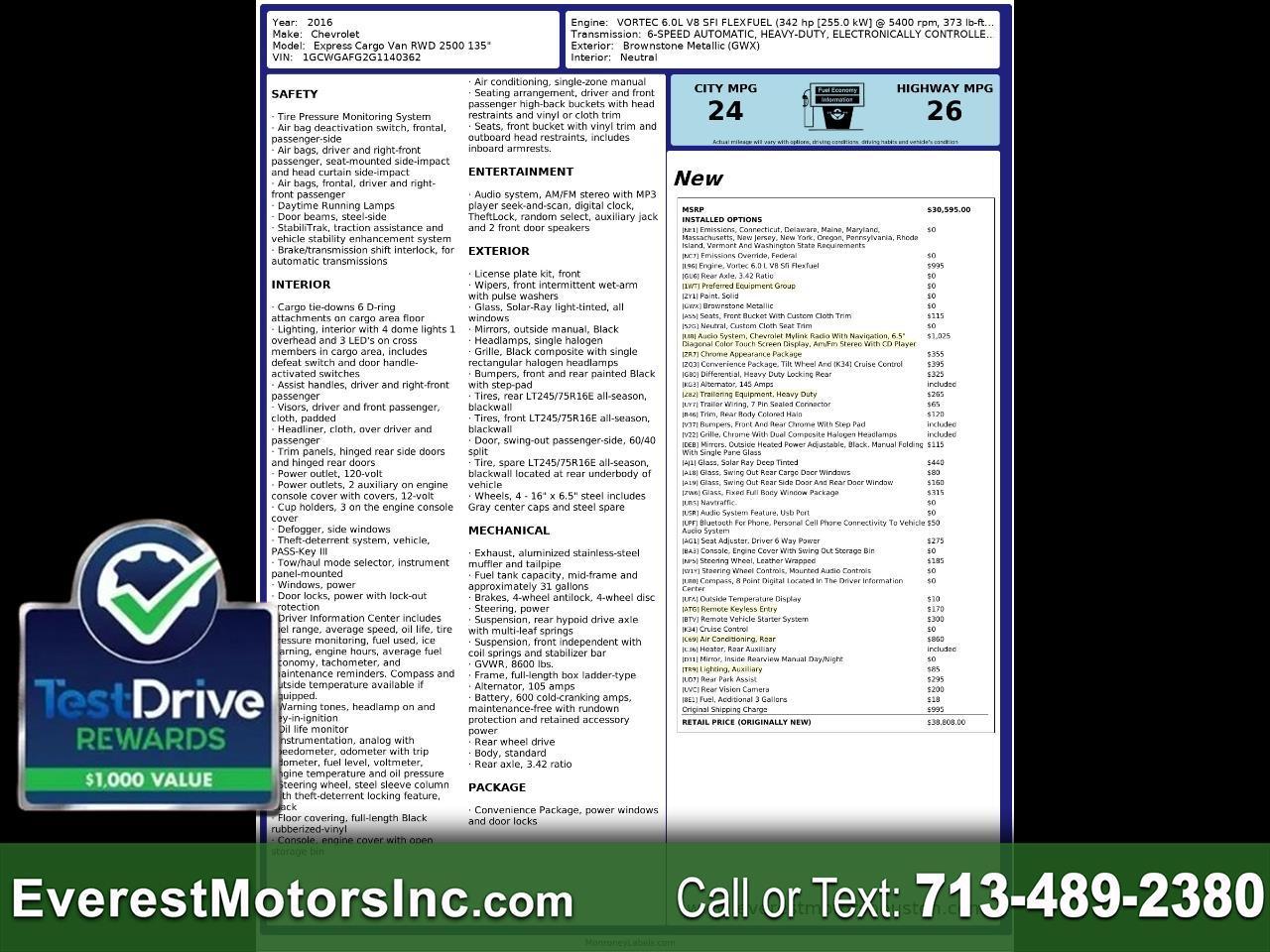 2016 Chevrolet Express Passenger 2500 EXPLORER LIMITED 7PASS RWD 6.0L V8 GAS