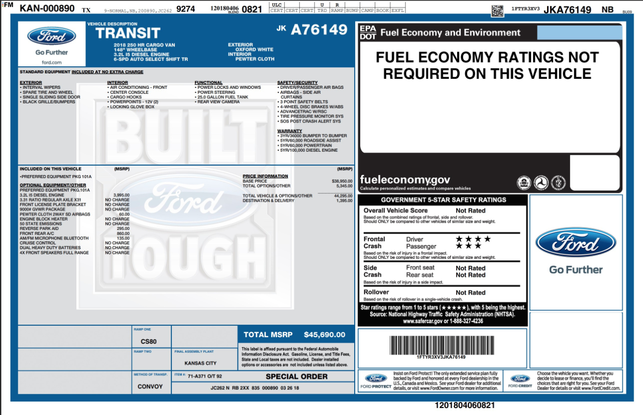 Ford Transit Cargo Van  2018