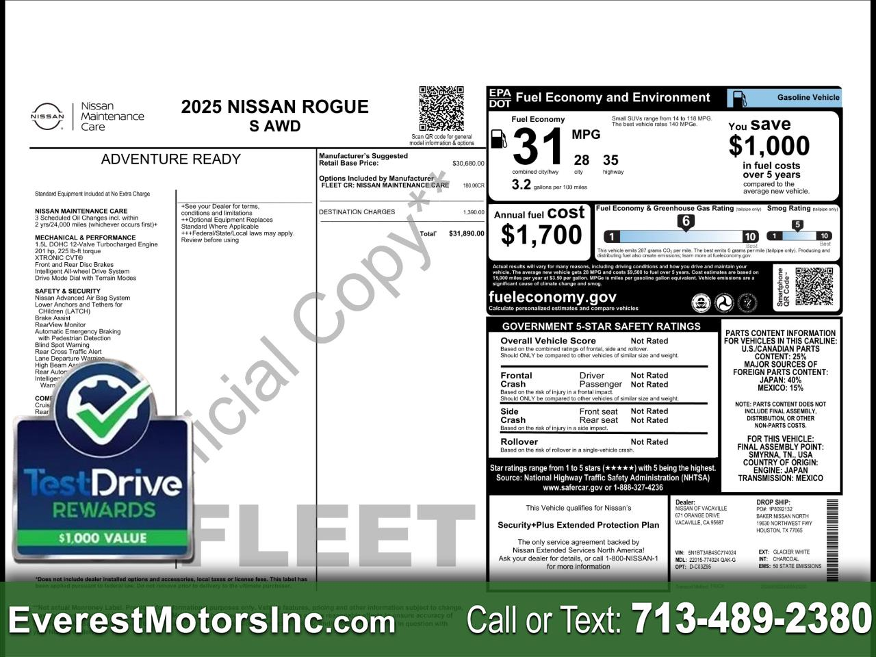2025 Nissan Rogue S AWD SUV 1.5L 3CYL GAS 1OWNER