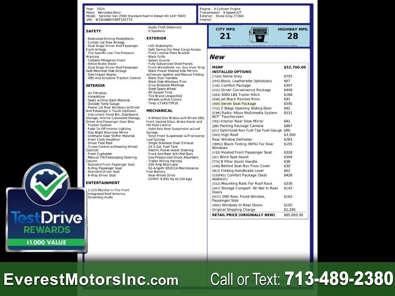 2024 Mercedes-Benz Sprinter Cargo Van 2500 HI RF SHORT RWD 2.0L HO DIESEL 1OWNER COMFORT