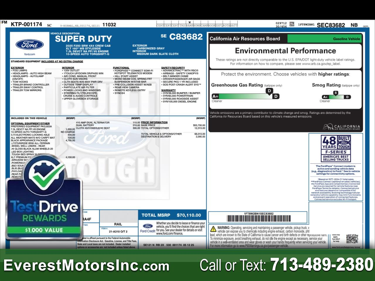 2025 Ford Super Duty F-250 SRW XLT PREMIUM 4X4 CREWCAB SHORT 7.3L V8 GAS 1OWNER