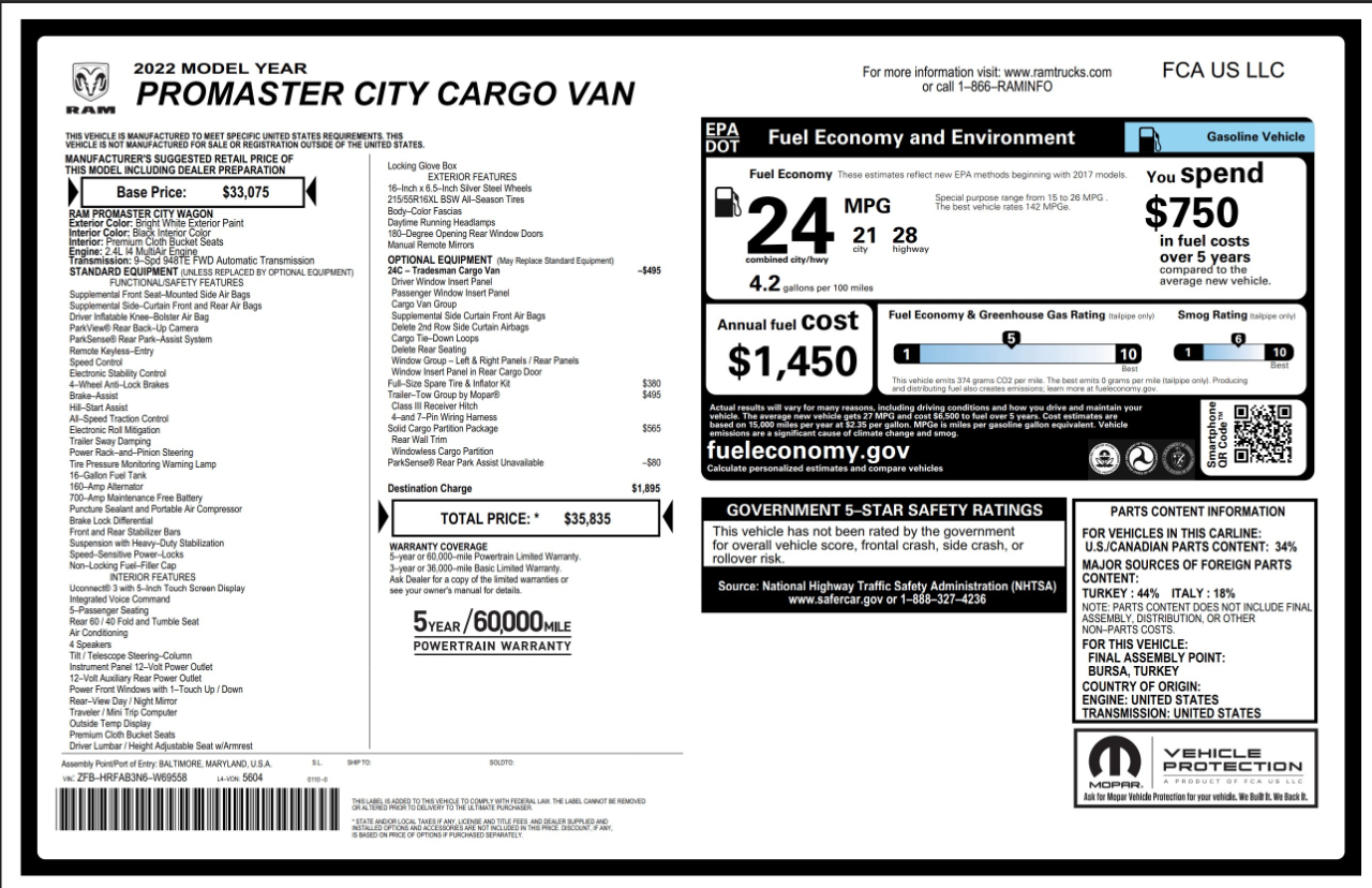 RAM ProMaster City Cargo Van  2022