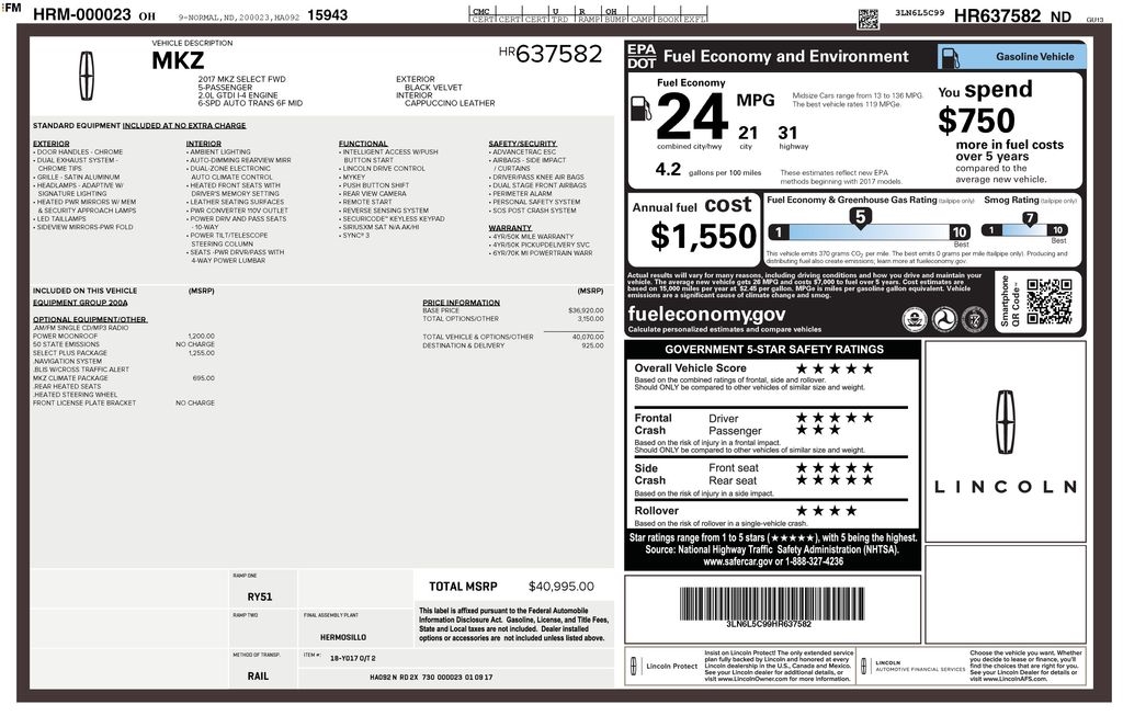 2017 Lincoln MKZ Select FWD