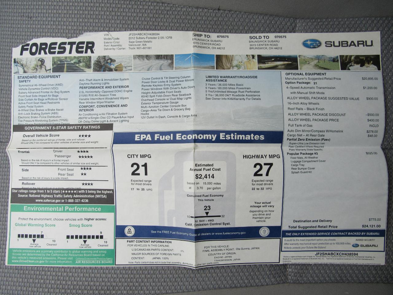 Subaru Forester 4dr Auto 2.5X 2012