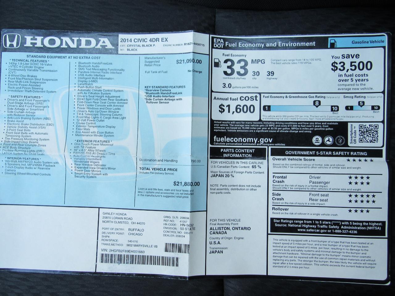 Honda Civic Sedan 4dr CVT EX 2014