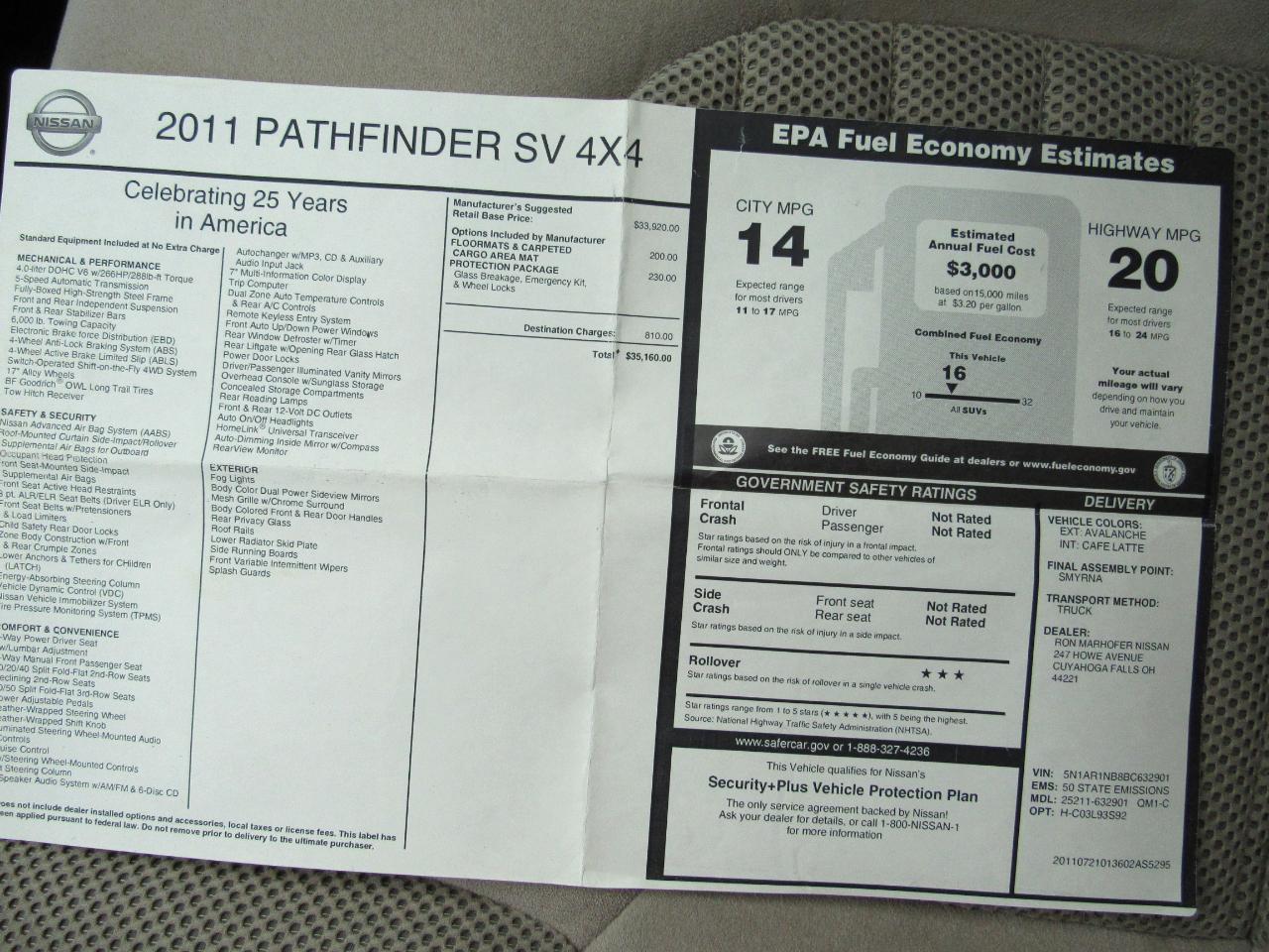 Nissan Pathfinder 4WD 4dr V6 SV 2011