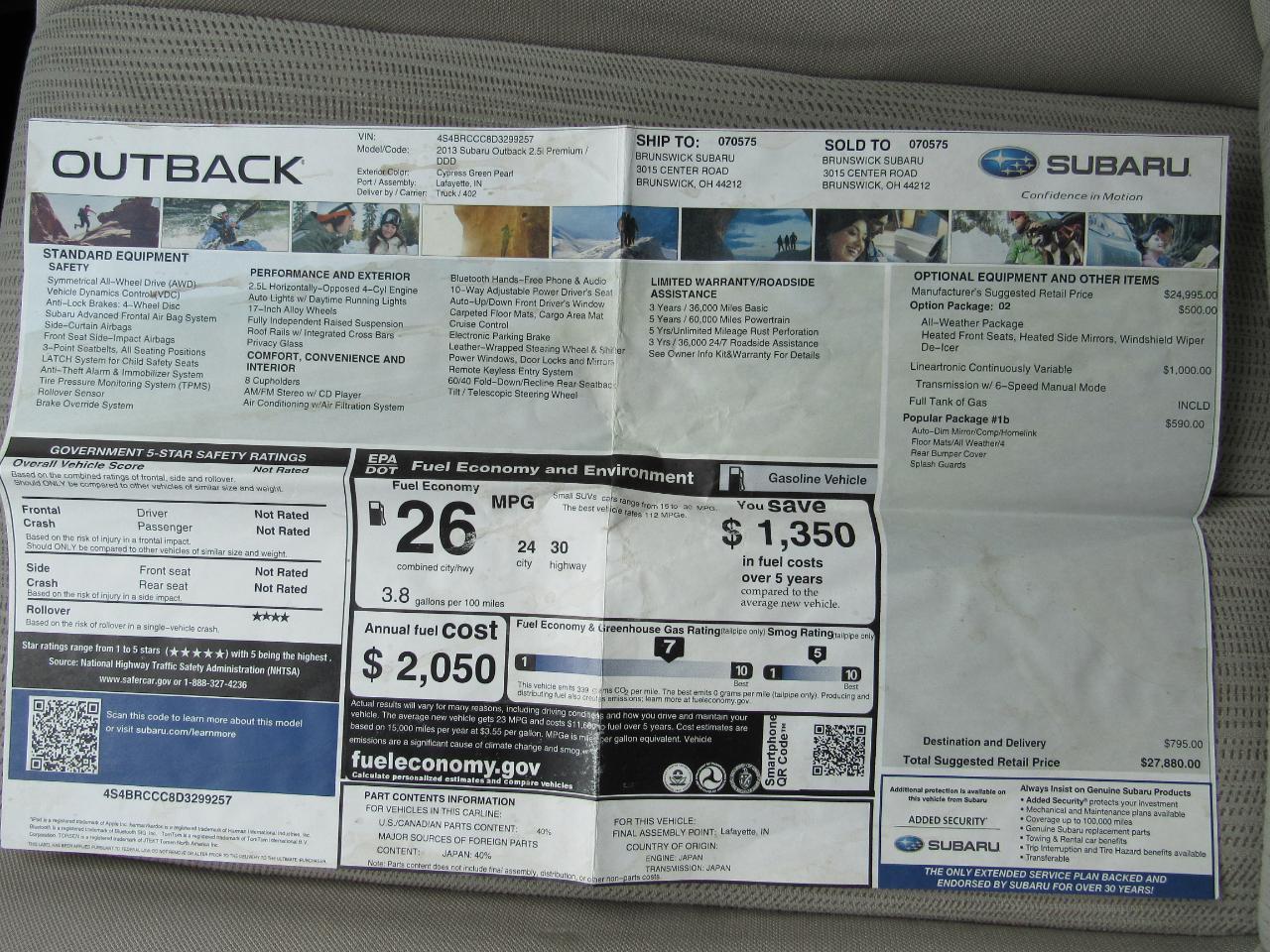 Subaru Outback 4dr Wgn H4 Auto 2.5i Premium 2013