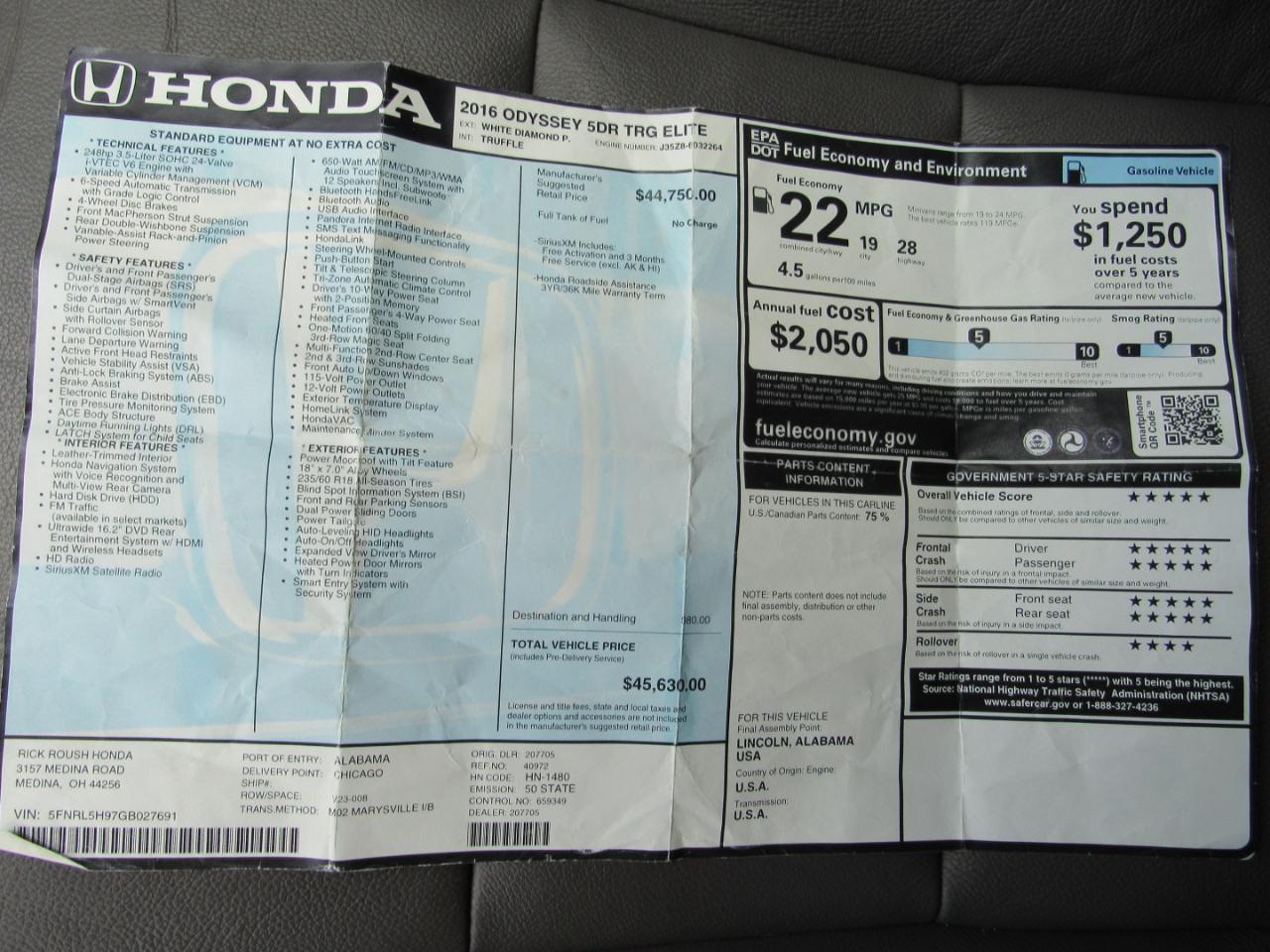 Honda Odyssey 5dr Touring Elite 2016