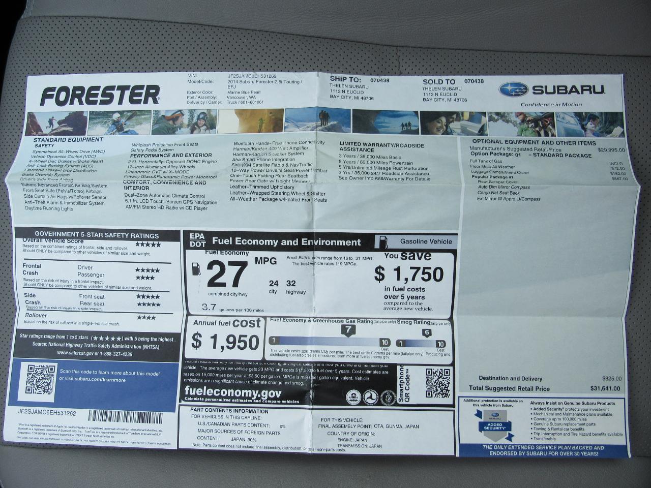 Subaru Forester 4dr Auto 2.5i Touring PZEV 2014