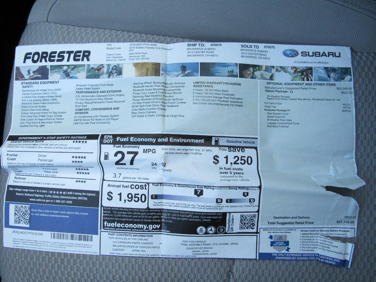 Subaru Forester 4dr CVT 2.5i Premium PZEV 2015