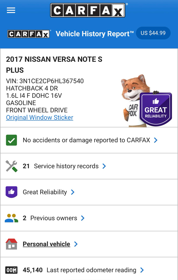 Nissan Versa Note S Plus CVT 2017