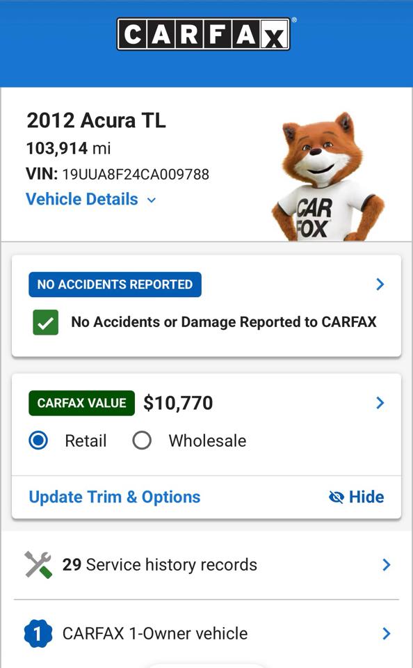 Acura TL 4dr Sdn Auto 2WD 2012