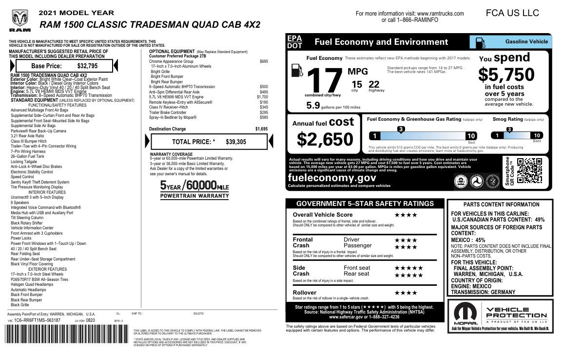 RAM 1500 Classic Tradesman 4x2 Quad Cab 6'4" Box 2021