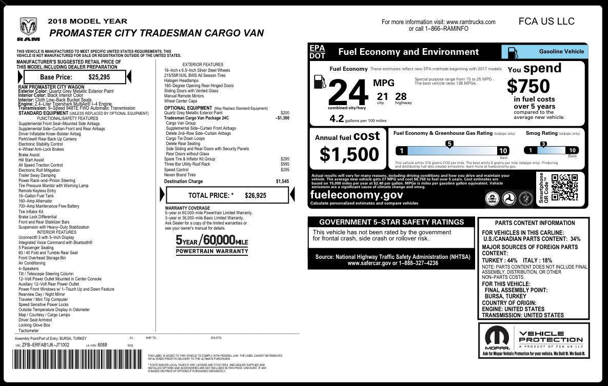 RAM ProMaster City Cargo Van Tradesman Van 2018