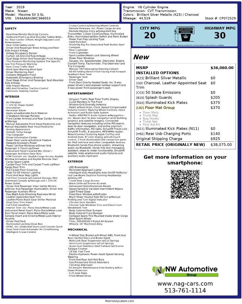 Nissan Maxima SV 3.5L 2019