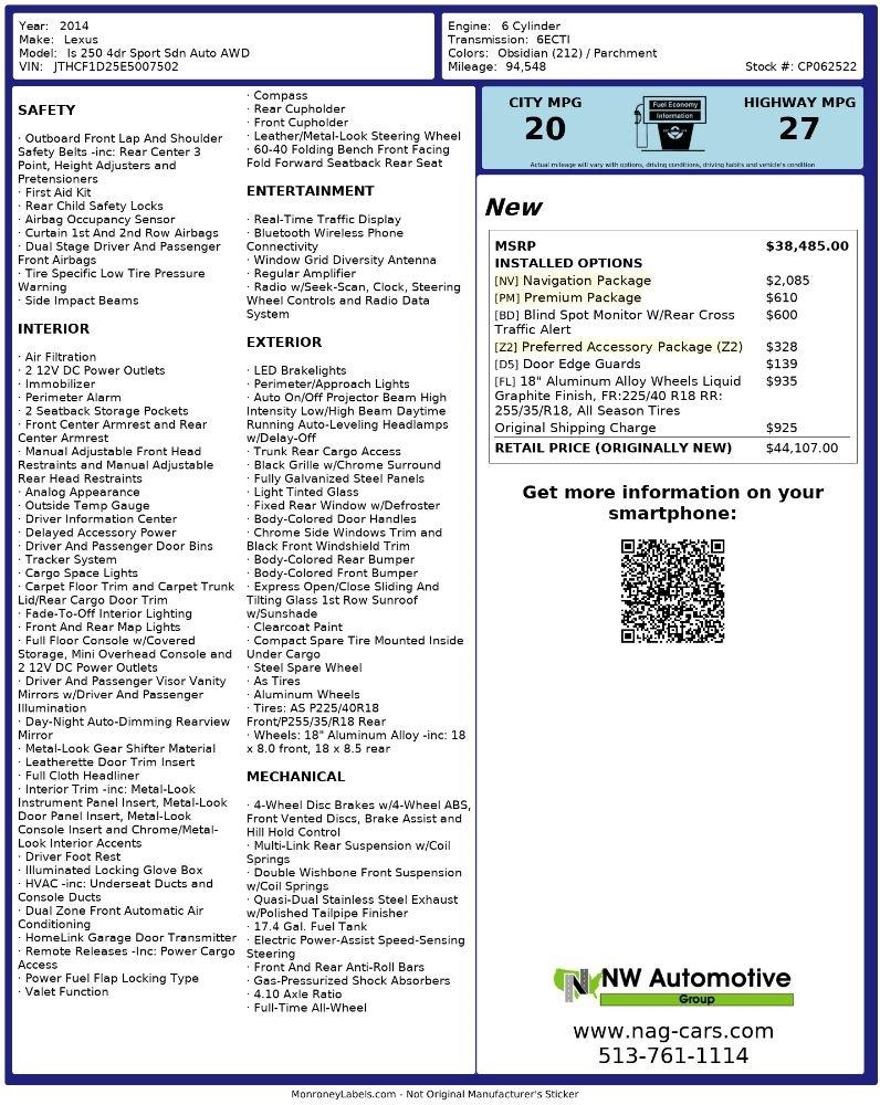 Lexus IS 250 4dr Sport Sdn Auto AWD 2014