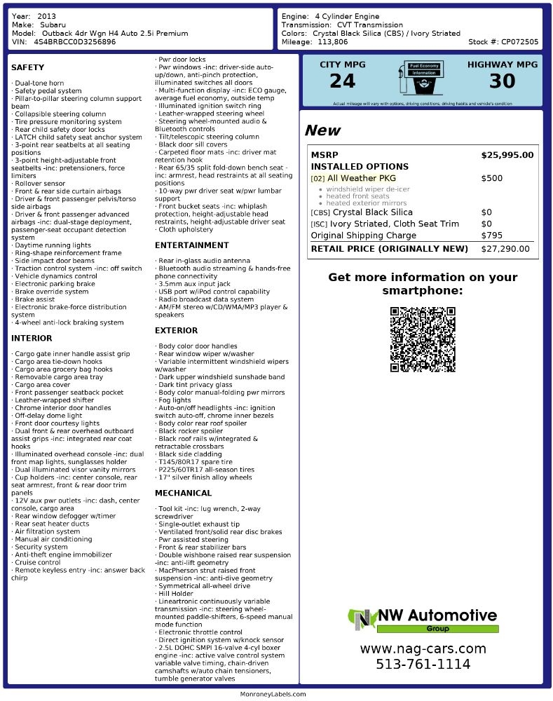 Subaru Outback 4dr Wgn H4 Auto 2.5i Premium 2013
