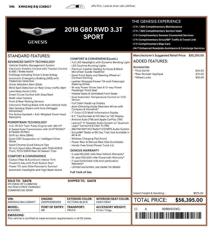 Genesis G80 3.3T Sport RWD 2018
