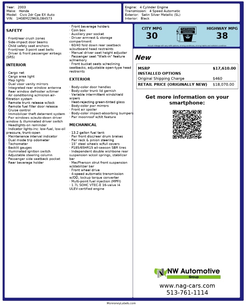 Honda Civic 2dr Cpe EX Auto 2003 Honda Civic 2dr Cpe EX Auto 2003