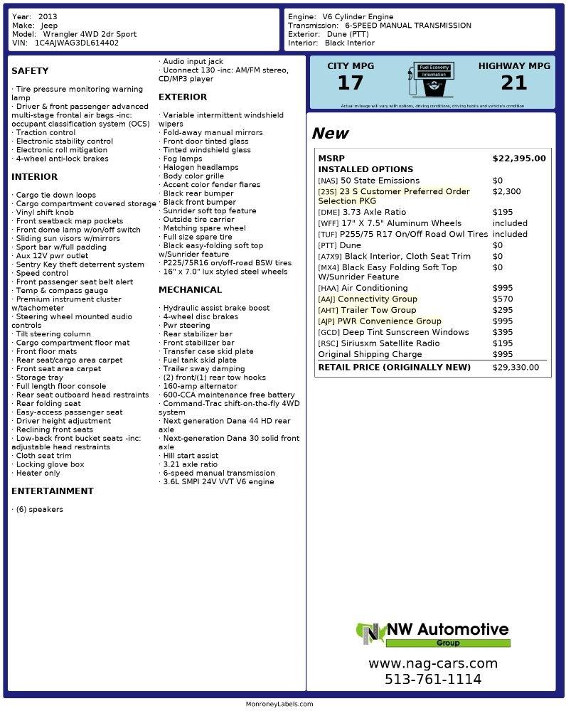 Jeep Wrangler 4WD 2dr Sport 2013