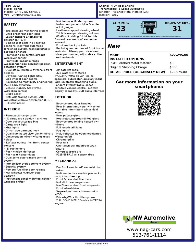 Honda CR-V 2WD 5dr EX-L 2012