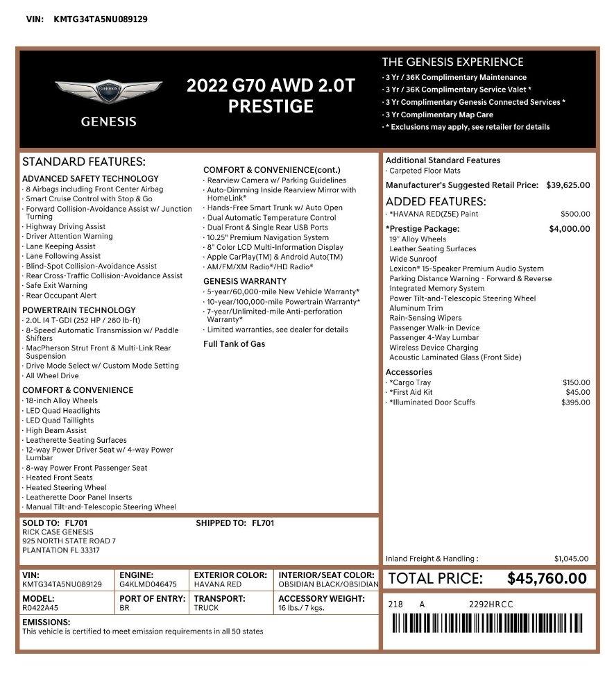 Genesis G70 2.0T AWD 2022