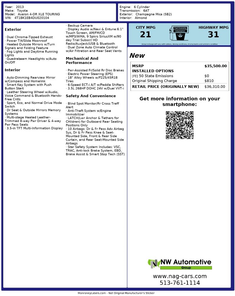 Toyota Avalon 4dr Sdn XLE Premium (Natl) 2013