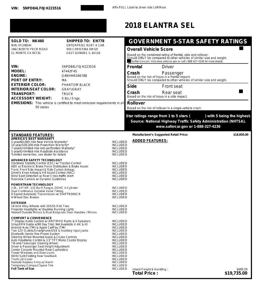 Hyundai Elantra SEL 2.0L Auto (Alabama) 2018