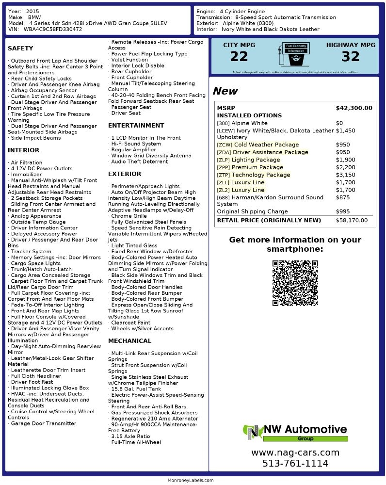 BMW 4 Series 4dr Sdn 428i xDrive AWD Gran Coupe SULEV 2015