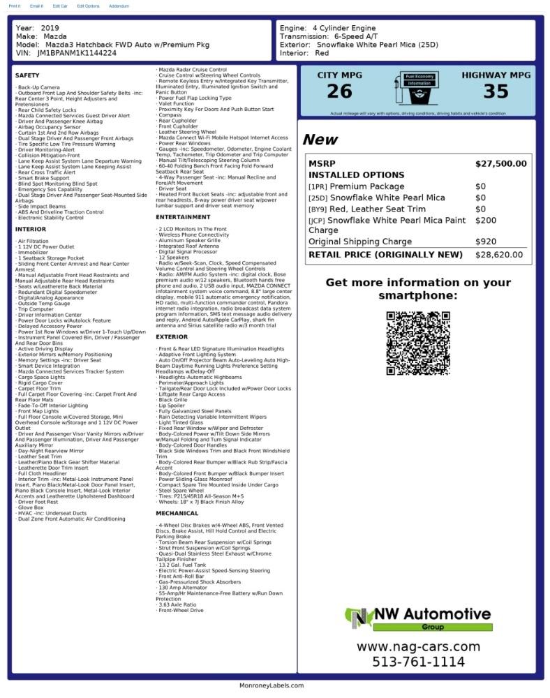 Mazda Mazda3 Hatchback FWD Auto w/Premium Pkg 2019