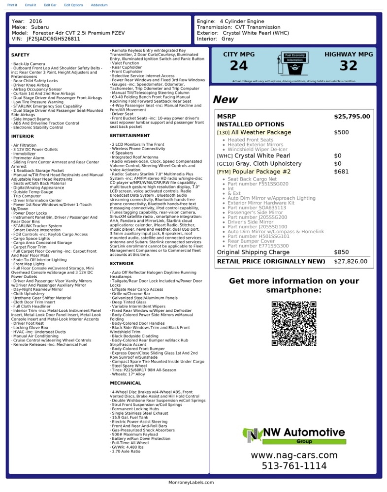 Subaru Forester 4dr CVT 2.5i Premium PZEV 2016